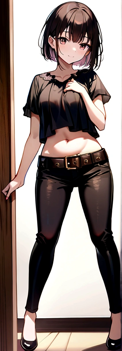 high quality, masterpiece, , single, 20-year-old, Cute Japanese Girl, Physically slim, smile, Super Slender Face, Straight hair, Bob Hair, 9 heads, Beautiful legs, (photograph: 1.3), Rim Light, (Skin with attention to detail: 1.2), 8K UHD, Digital SLR, High resolution, High Resolution, 4K, 8K, Bokeh, Absurd, The optimal ratio is four fingers、One thumb, (Genuine: 1.3), Black see-through short-sleeve blouse, Black skinny long pants, Leather Belt, pumps, Japan JD , belly on