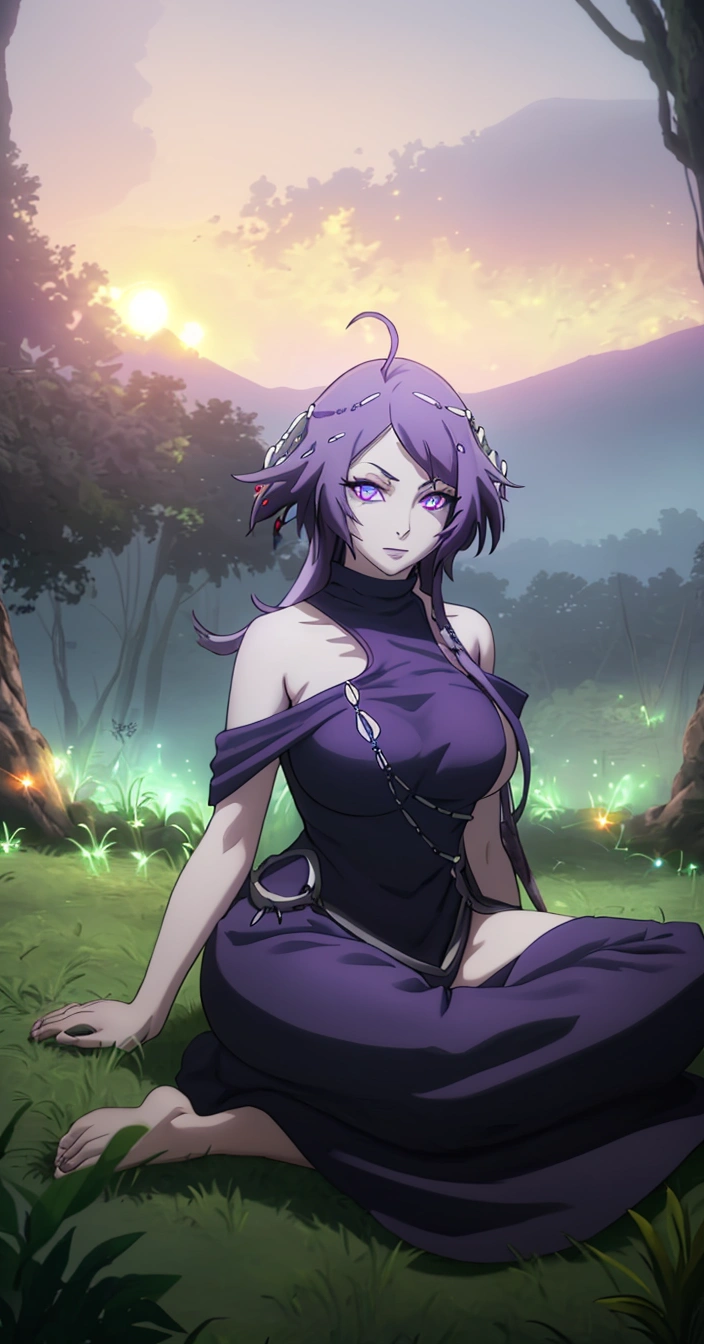 MC, ahoge, (long hari, purple hair:1.3), hair ornament, dark-blue eyes, breasts, epic art, fantasy, 1girl, grass, solo, barefoot, sitting, breasts, mountain, sunset, dress, bare_shoulders, outdoors, looking_at_viewer, off_shoulder, field, sky, lake, collarbone, mountainous_horizon, indian_style, twilight, tree, black_dress, large_breasts, scenery, medium_breasts, feet, off-shoulder_dress, (bokeh:1.3), rock, hollow eyes, bright pupils, dark-blue eyes, looking at viewer. (glowing eyes:1.3), heavy breathing, smirk, upper teeth,
