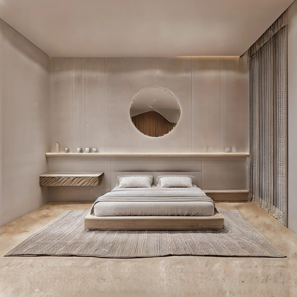 The bedroom has 1 modern bed, gray painted walls, 1 window curtain, circular bedside decorative painting, 1 plush carpet, 1 dressing table, luxurious colors, tiled floor