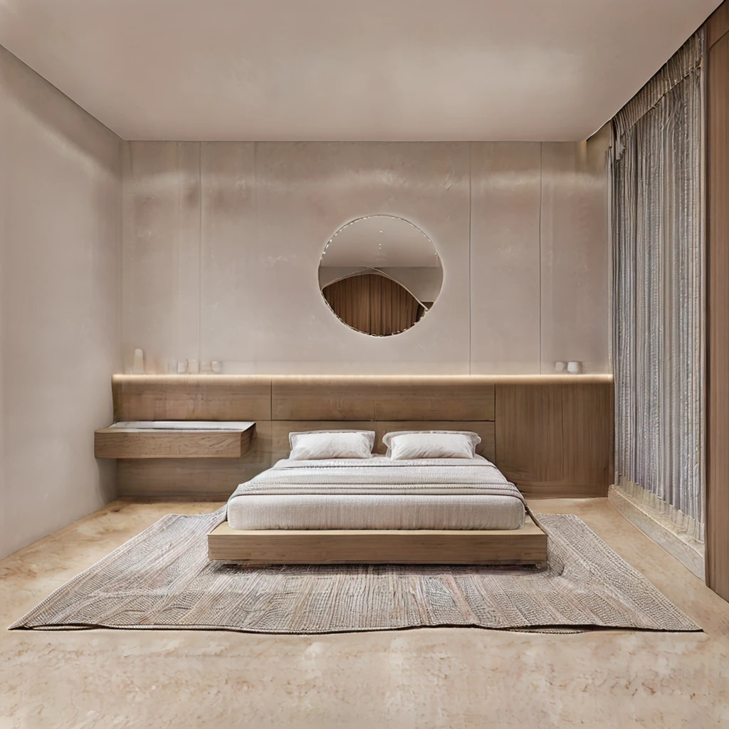 The bedroom has 1 modern bed, gray painted walls, 1 window curtain, circular bedside decorative painting, 1 plush carpet, 1 dressing table, luxurious colors, tiled floor