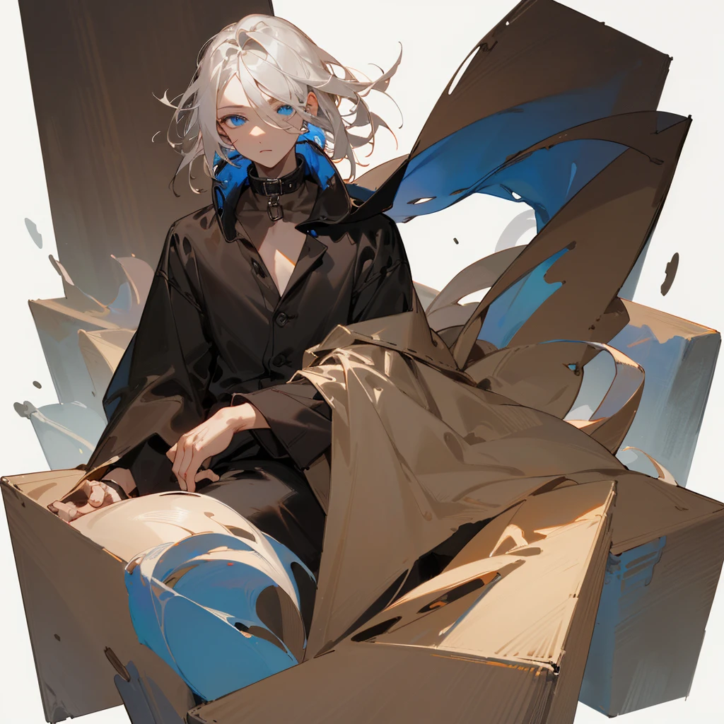Boy1 oil painting, Short gray hair, bangs on the forehead, eyes behind the bangs, Blue eyes, Wearing a dark brown coat, wearing a black shirt with a long collar covering the neck (blank white background) Half body character image (sitting pose, eyes looking in the other direction) hair blowing in the wind to the left side, A thin smile with thick hair, (short white hair)