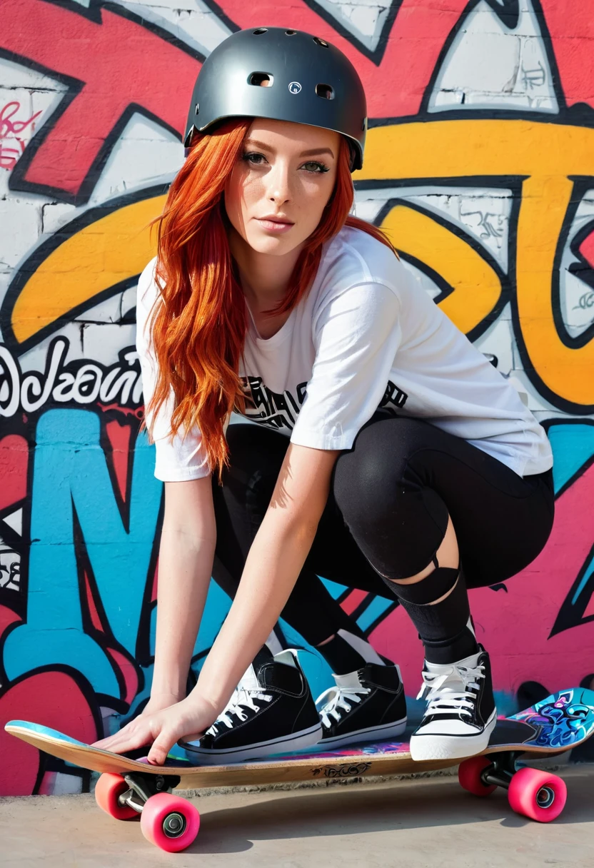 
beautiful skater girl, red hair, with helmet, knee pads and skateboard, in the background a wall with colorful graffiti words, vectorized, detailed, perfect anatomy.