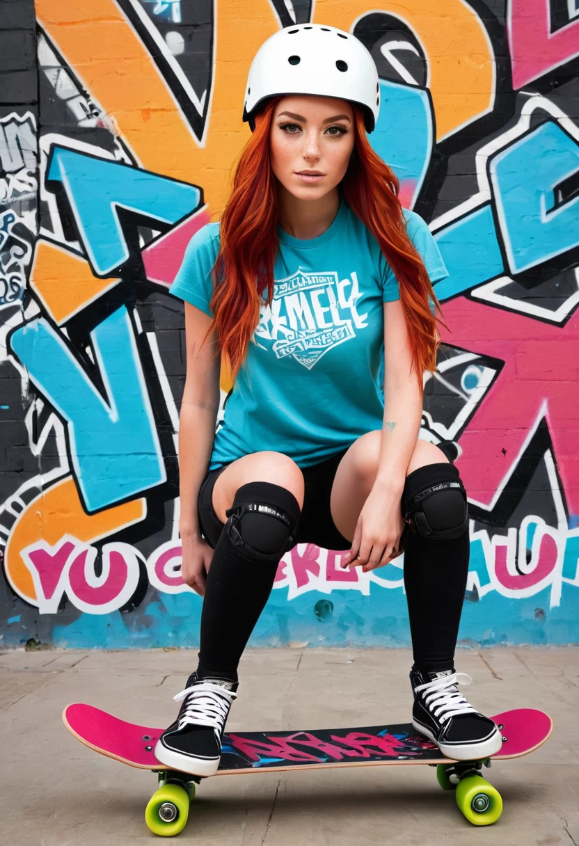 beautiful skater girl, red hair, with helmet, knee pads and skateboard, in the background a wall with colorful graffiti words, vectorized, detailed, perfect anatomy.