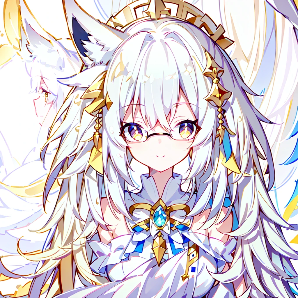 ((Best quality)), ((masterpiece)), (detailed), best quality，8K，original photo，White Fox Girl，touch fox，Castle Background， Liveliness. Carefree happy joy bokeh background. Quiet aesthetics. Soft lighting. Artistic Lighting. Gold frame glasses