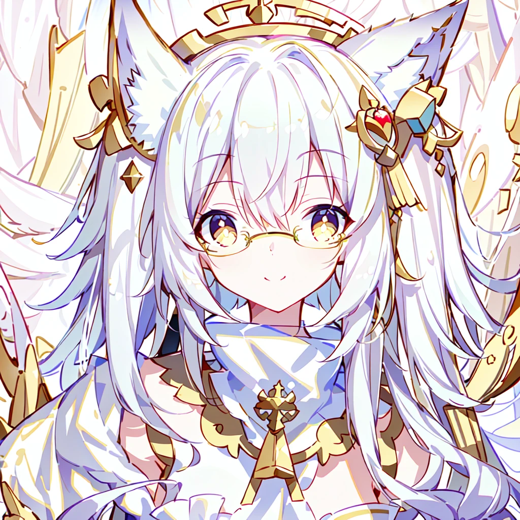 ((Best quality)), ((masterpiece)), (detailed), best quality,8K,original photo,White Fox Girl,touch fox,Castle Background, Liveliness. Carefree happy joy bokeh background. Quiet aesthetics. Soft lighting. Artistic Lighting. Gold frame glasses