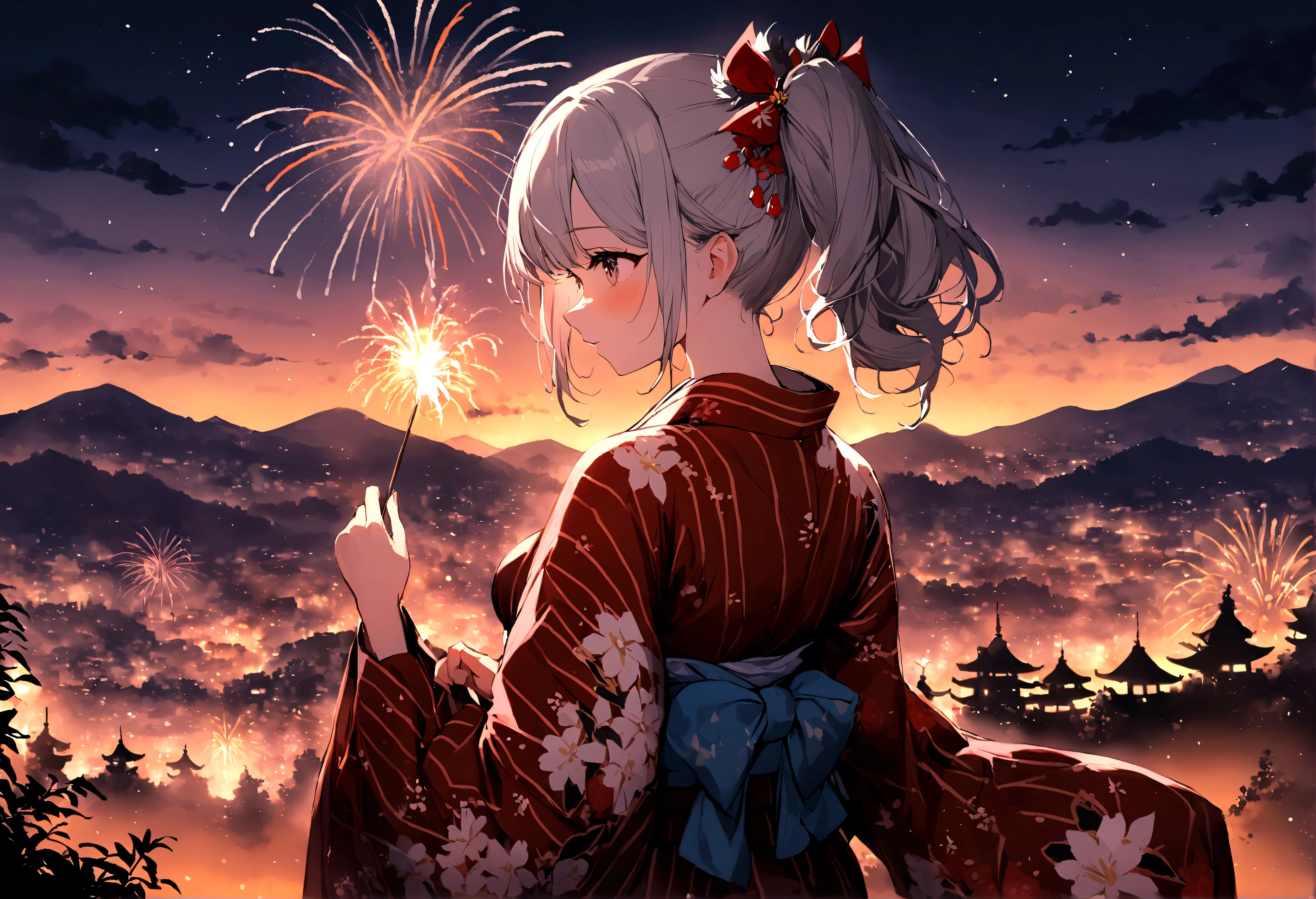 1 girl，KasuganoSora， Sora，white gray hair，long double ponytail，Kimono Yukata，The Peak，fireworks