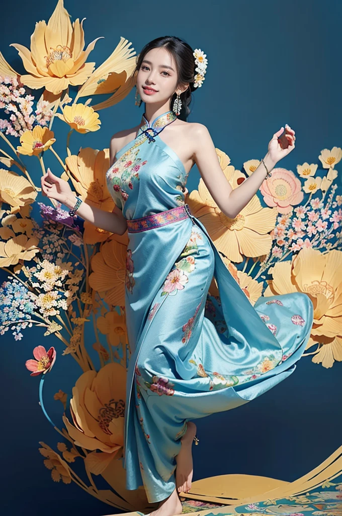 (masterpiece, Top quality, best quality, Official Art, beautiful and aesthetic:1.2), (1 Girl:1.3), Extremely detailed,(Fractal Art:1.1),(rich and colorful:1.1)(Flowers:1.3),The most detailed,(tangled:1.2),(Slim,Thin),(Happy,Smile), (Dynamic poses), (Blue Background:1.3), (Traditional Chinese cloth:1.2), (Glowing skin), (Many colors:1.4),Bare shoulders,(earrings:1.4),(Put your hands behind your back:1.3)