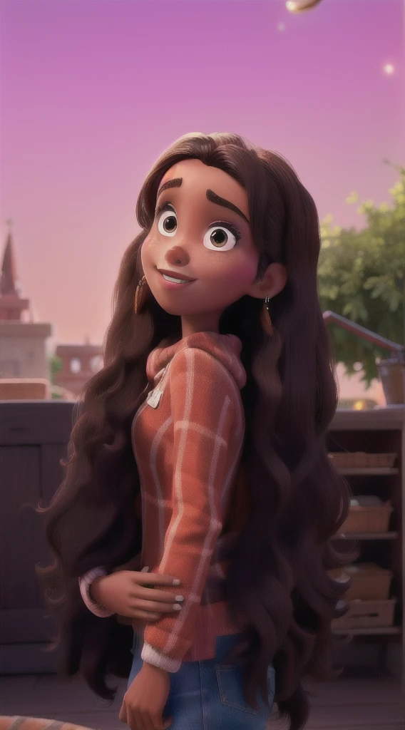 A brunette woman with brown skin, disney pixar style, high qualiy, best qualityer
