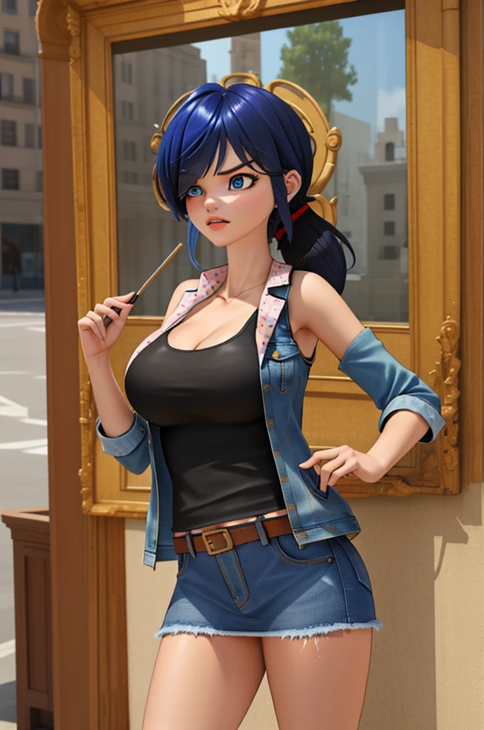 (8k, RAW photo, best quality, masterpiece:1.2), (intricate details), perfect eyes, perfect face, perfect lighting, beautiful, (masterpiece:1.2), (best quality:1.2), 1girl, solo, marinette, blue hair, (( hair in ponytail, bangs over one eye )), adult torso, 19 years old, angry, huge sized breasts, (tank top, denim jacket, red skirt), cowboy shot, 3DMM, standing, front view, 