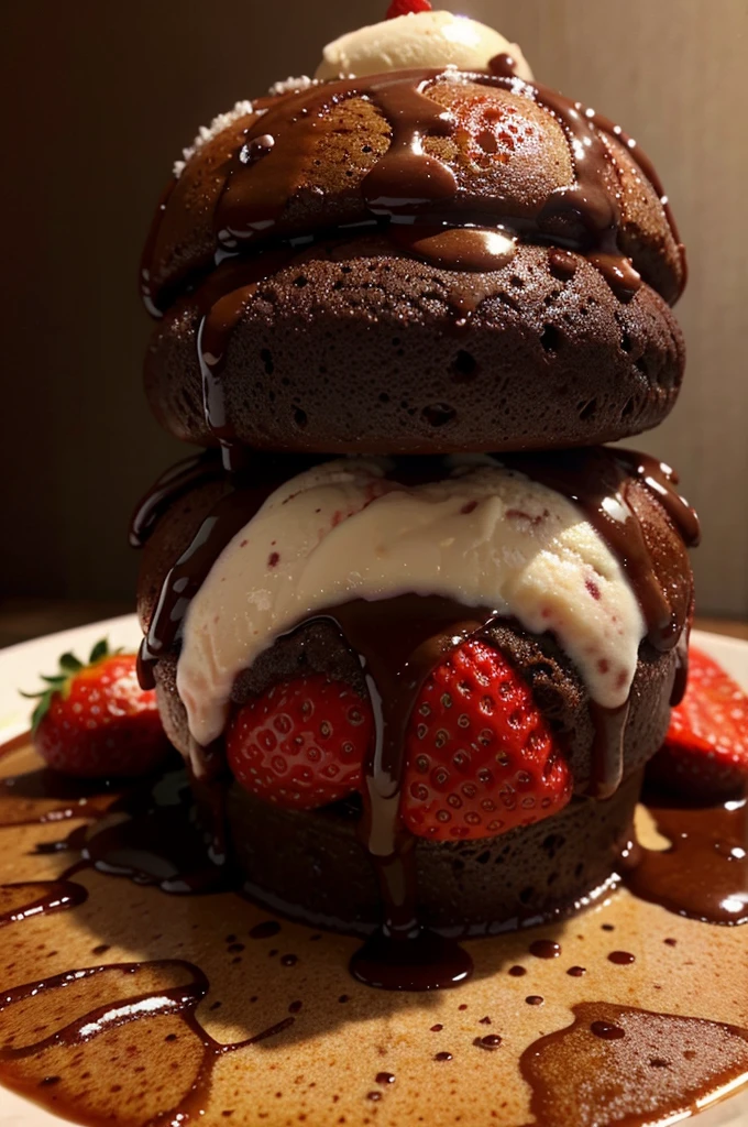 cute and appetizing 2D image of sweet lava cake accompanied by delicious ice cream with melted chocolate and strawberries