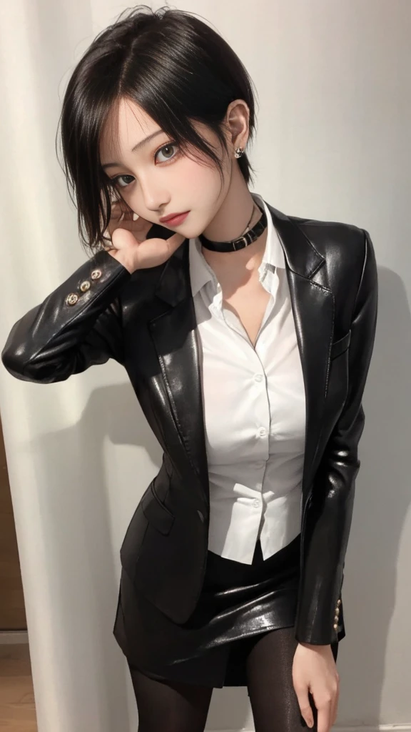 Woman walking in office hall, on a spoonful of alcohol, white walls, Gray table, posters on the wall,
(((masutepiece))), ((Best Quality)), ((intricate-detail)), ((hyper realisitic)), absurd res, A MILF, Small face、27-year-old woman, Perspective, Highly detailed, Illustration, 1girl in,(Big breasts), Perfect hands, Detailed fingers, Beautiful detailed eyes, Short hair, Brown eyes, vd, (business outfit:1.2), Blazer and slender lapel dress are the same color, Black leather tight skirt, Black Choker, earrings, Stockings, Detailed background, Bedroom, Perfect eyes, Seductive eyes, Looking at the viewer, from the front side、Angle from above、all-fours、1boy, penises、Falachio、,  Woman sucking panis to the root、Angle from above