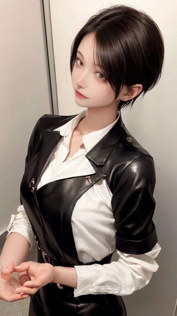 Woman walking in office hall, on a spoonful of alcohol, white walls, Gray table, posters on the wall,
(((masutepiece))), ((Best Quality)), ((intricate-detail)), ((hyper realisitic)), absurd res, A MILF, Small face、27-year-old woman, Perspective, Highly detailed, Illustration, 1girl in,(Big breasts), Perfect hands, Detailed fingers, Beautiful detailed eyes, Short hair, Brown eyes, vd, (business outfit:1.2), Blazer and slender lapel dress are the same color, Black leather tight skirt, Black Choker, earrings, Stockings, Detailed background, Bedroom, Perfect eyes, Seductive eyes, Looking at the viewer, from the front side、Angle from above、all-fours、1boy, penises、Falachio、, Woman sucking panis to the root、Angle from above