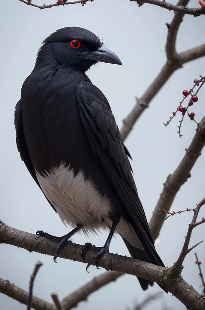 CRIE ,a red-eyed black crow in a thorn tree leaning on the tree branch, with a dark atmosphere