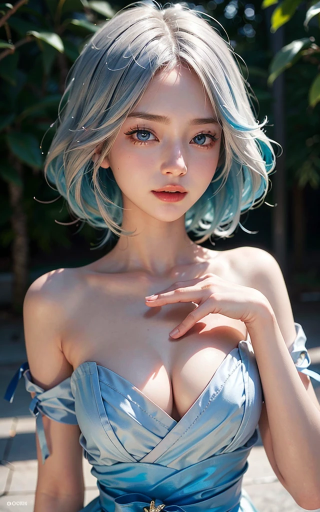 Furina from Genshin Impact) 18 years old, (Raw photo, Best Quality), (Realistic, Photorealsitic:1.3), masterpiece, Extremely delicate and beautiful, Soft light, (blue and white hair, Shoulder-length straight hair swaying in the wind), Beautiful detailed girl, (Detailed fingers), extremely detailed eye and face, beautiful detailed nose, Beautiful detailed eyes, 1 girl, Japanese, Neat and clean beauty, Cute, young, (medium breasts), Realistic face, Realistic body, cute smile