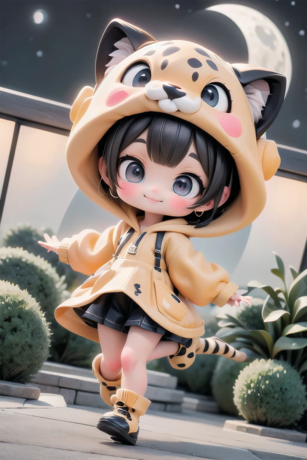 cute chibi girl smiling wearing a (cheetah kigurumi), leaping in the air, dynamic angle, location garden at night, garden outdoors, starry sky, moon