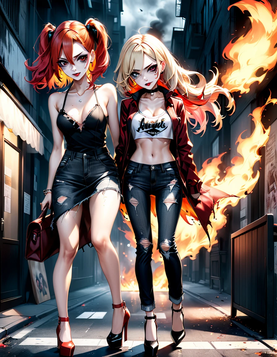 photo realism anime style Yusuke walled art Phoenix goddess Harley Quinn + avril liv with wavy cropped hair v-cut dress v-cut ripped jeans wearing high heels walking on a dark gloomy street scared style photo realism, fully detailed drawing in black and monochrome bench and only the eyes, strong fire red diamond 