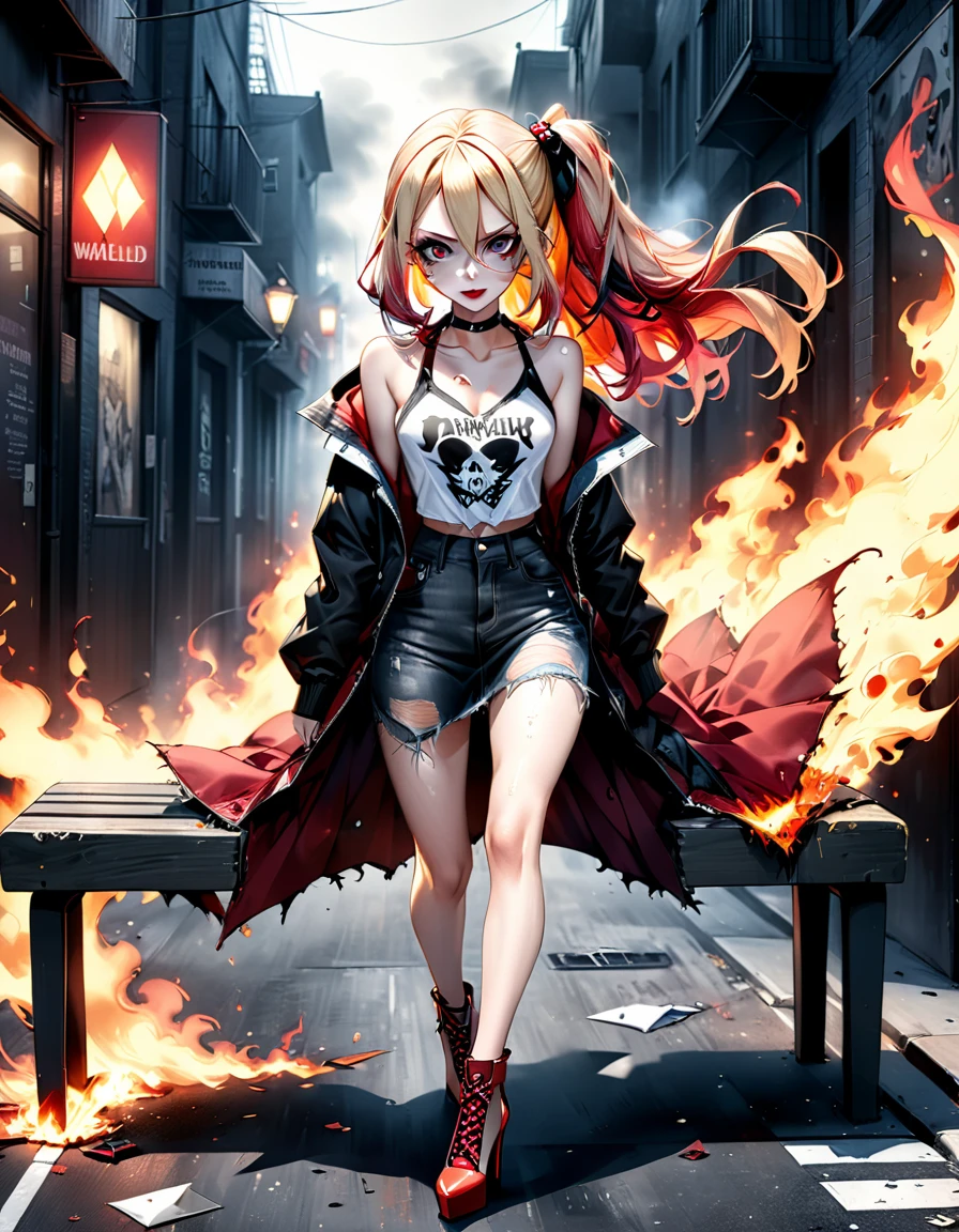 photo realism anime style Yusuke walled art Phoenix goddess Harley Quinn + avril liv with wavy cropped hair v-cut dress v-cut ripped jeans wearing high heels walking on a dark gloomy street scared style photo realism, fully detailed drawing in black and monochrome bench and only the eyes, strong fire red diamond