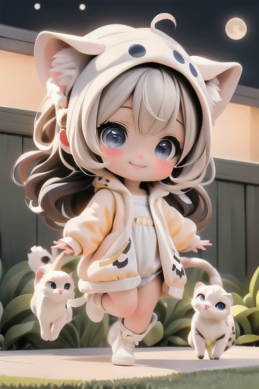cute chibi girl smiling wearing a (cheetah kigurumi), leaping in the air, location garden at night, garden outdoors, starry sky, moon, angle from below
