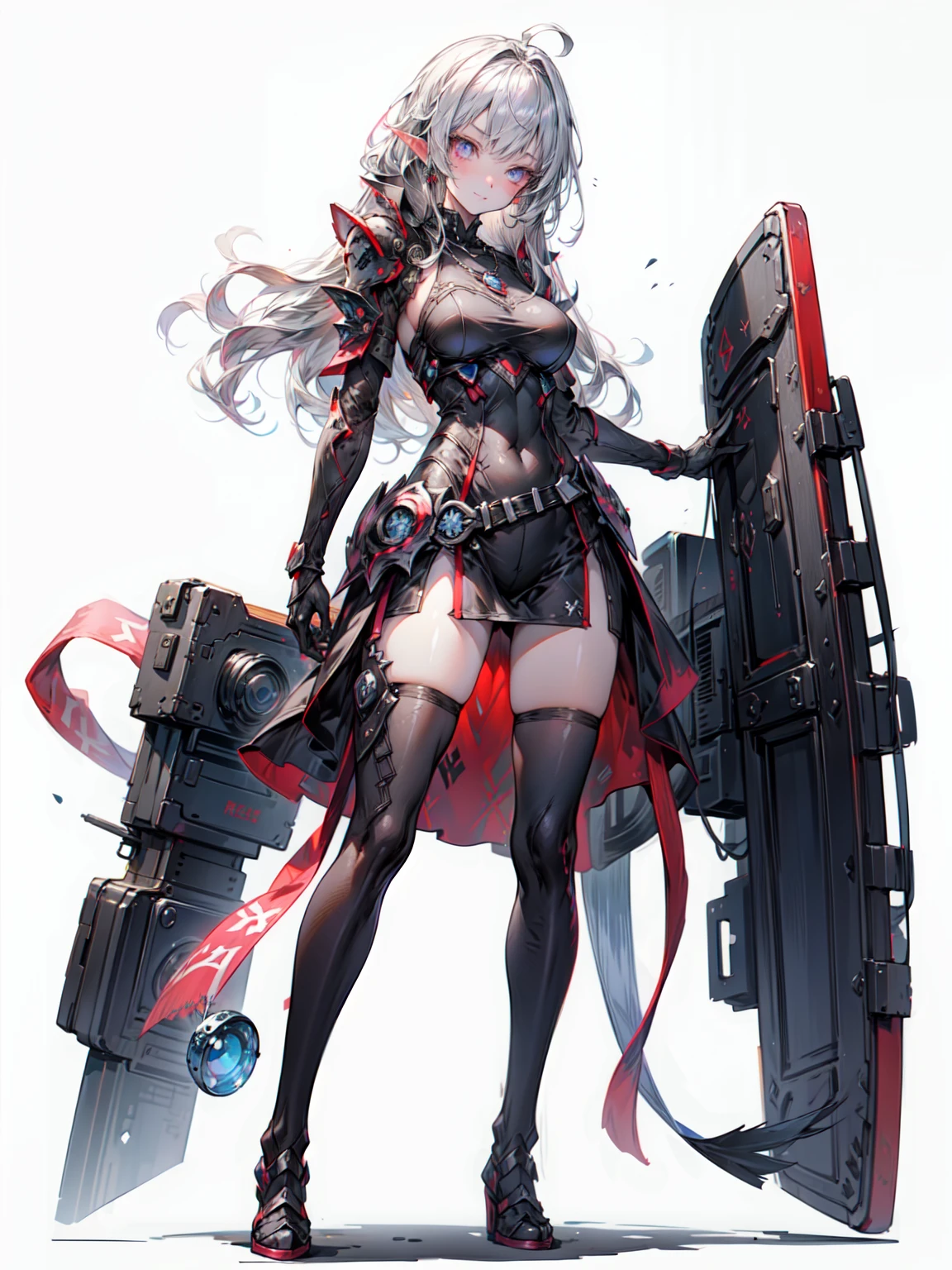 Cute adult girl standing ,Girl Focus, [full body armor], ((Plain gray background)),  poker face, Stands upright and does not move、 (1 Girl:1.3), bangs,necklace ,I&#39;looking forward to it,  （Snow White&#39;s Armor), Very detailed, Crystal silver eyes,thin, Amazing technology, Long Hair, Anime Style, alone, Silky white hair, high quality, Ink fragments,Very detailedな,[Wide Hips] , beautiful girl, [Surface Details], Hand Detail, Very detailedな目,Don&#39;Not dealing with emotions, Beautiful Eyes、Blake、（Dark Elf), (1 Girl), alone, Perfect Face, Get used to it, Ahoge, ((Long Hair:1.2)), [[Messy Hair]], Shiny blonde white hair, Purple eyes, Variegated eyes, Colorful Hair, Shining Eyes, (eyelash, eye shadow, pink eye shadow), bright, smile, Design Art：Haruhiko Mikimoto, by Kawashi, By Yoshitaka Amano