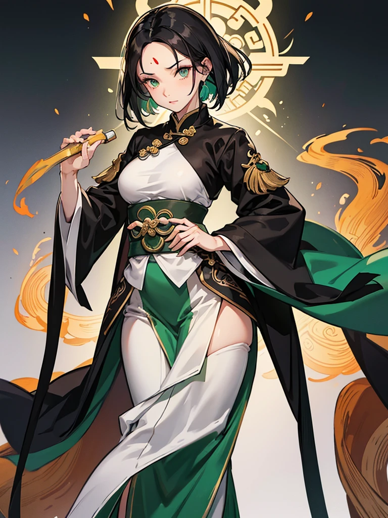an Adult female, strong, green eyes, long smoky hair, madame ping haircut, forehead wipe, resolute eyes, complex white Taoist Taoist uniform, black accessories, ancient Chinese, full body, 8K, ultra HD, HDR, blank background