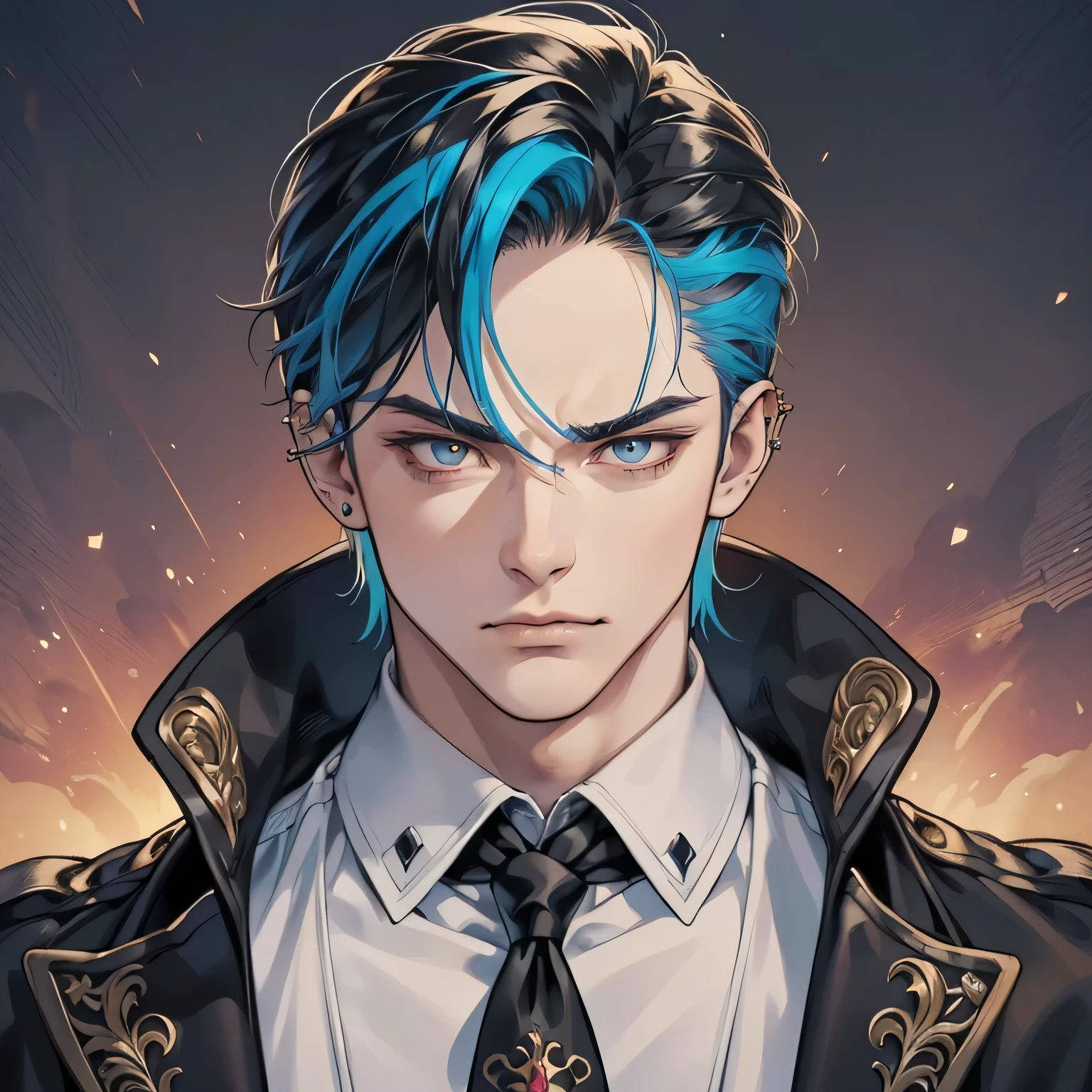 (close-up of a man in a jacket and tie: 1.2), handsome guy in demon slayer art, (detailed face and neck: 1.4), anime handsome man, (sharp facial features and piercing gaze: 1.4), Portrait of Eren Yeager, (expressive eyes and a strong jawline: 1.4), Anime portrait of a handsome man, ( hair combed back and a serious expression on his face: 1.4), beautiful anime pose, (one hand on hip and head tilted: 1.2), work in the style of Gu Weiss, (intricate details and vibrant colors: 1.4), beautiful androgynous prince, (Del