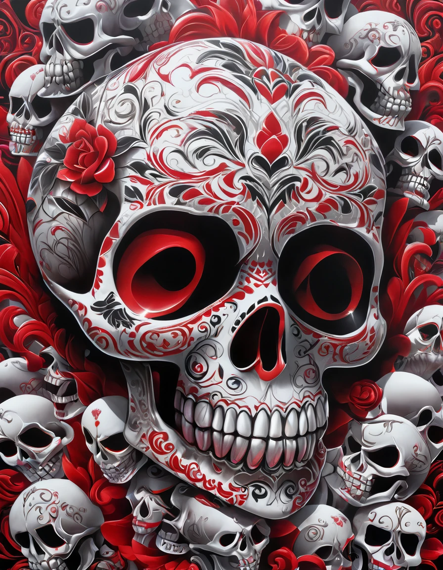 the skull, day of the dead art by linyu hong, in the style of dark white and red, graffiti art, realistic hyper-detail, intricate composition, monumental murals, silver and red, contemporary chican