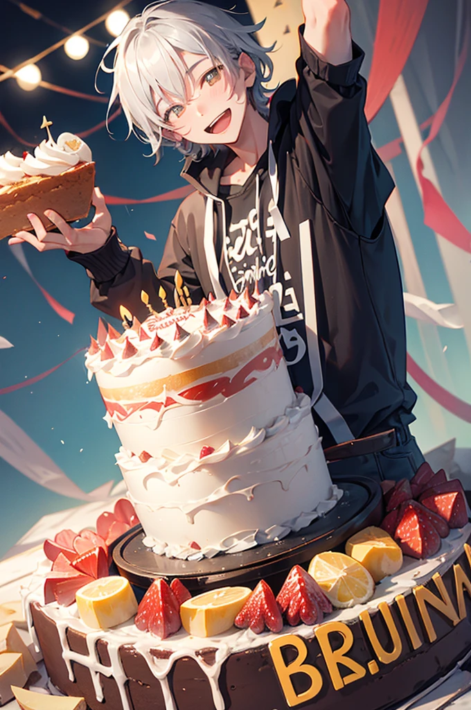 Celebrate a birthday,chum,Kizuna element,Young men,a cake,a smile,Gray Hair