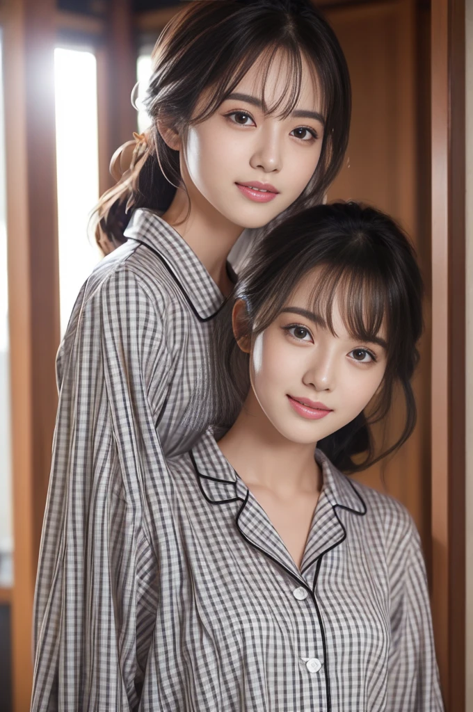 pajamas、Gingham check、pumps、Detailed face、Detailed lips、Detailed eyes、Glowing Skin、One person、Open shirt