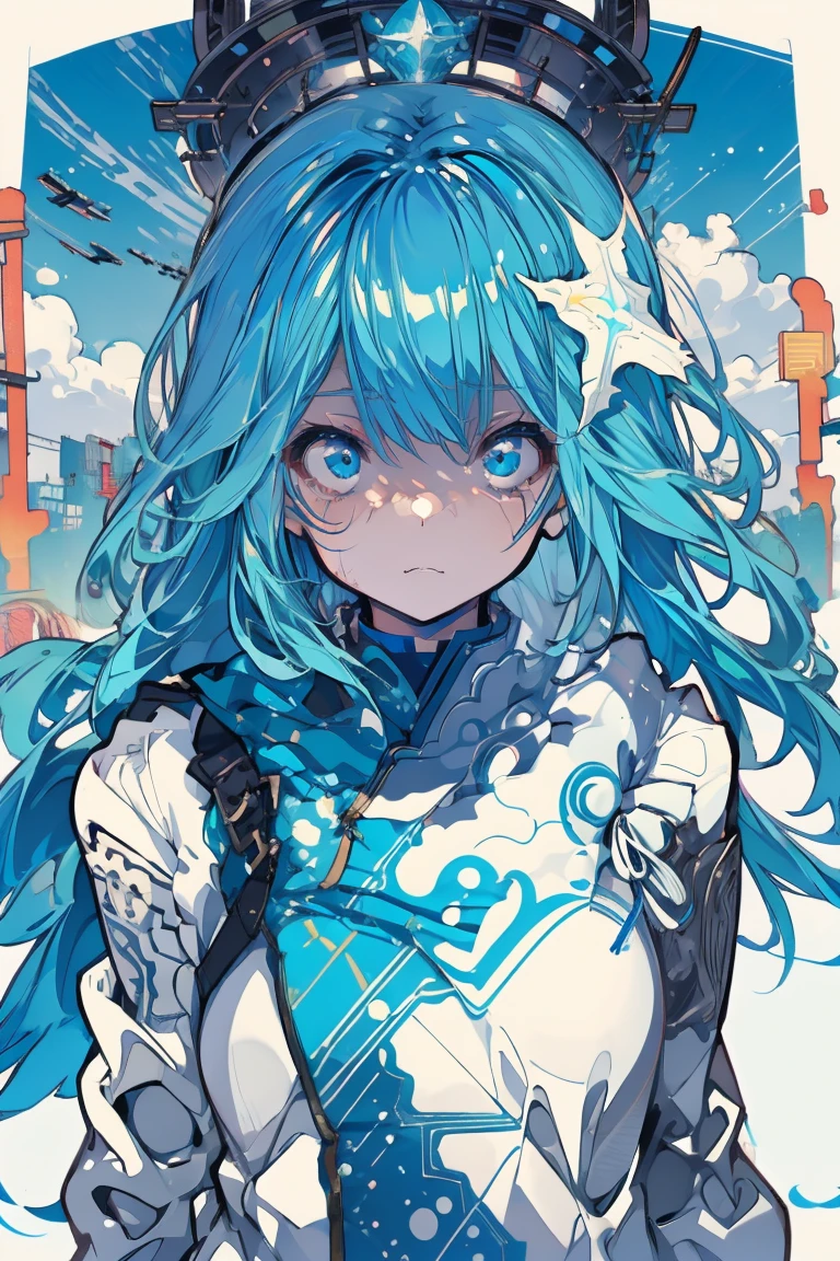 whole body、1 girl、solo、blue eyes、Cyan background、Simple Background、bright、blue sky、cloud、sunny、youth、Blue and white main color、Orange sub-color、ink、hair ornaments、soloフォーカス、Tsundere、Slanted Eyes、cool、Random personality、Random hairstyle、Shiny