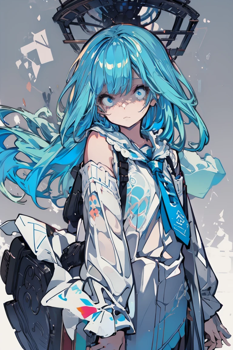whole body、1 girl、solo、blue eyes、Cyan background、Simple Background、bright、blue sky、cloud、sunny、youth、Blue and white main color、Orange sub-color、ink、hair ornaments、soloフォーカス、Tsundere、Slanted Eyes、cool、Random personality、Random hairstyle、Shiny