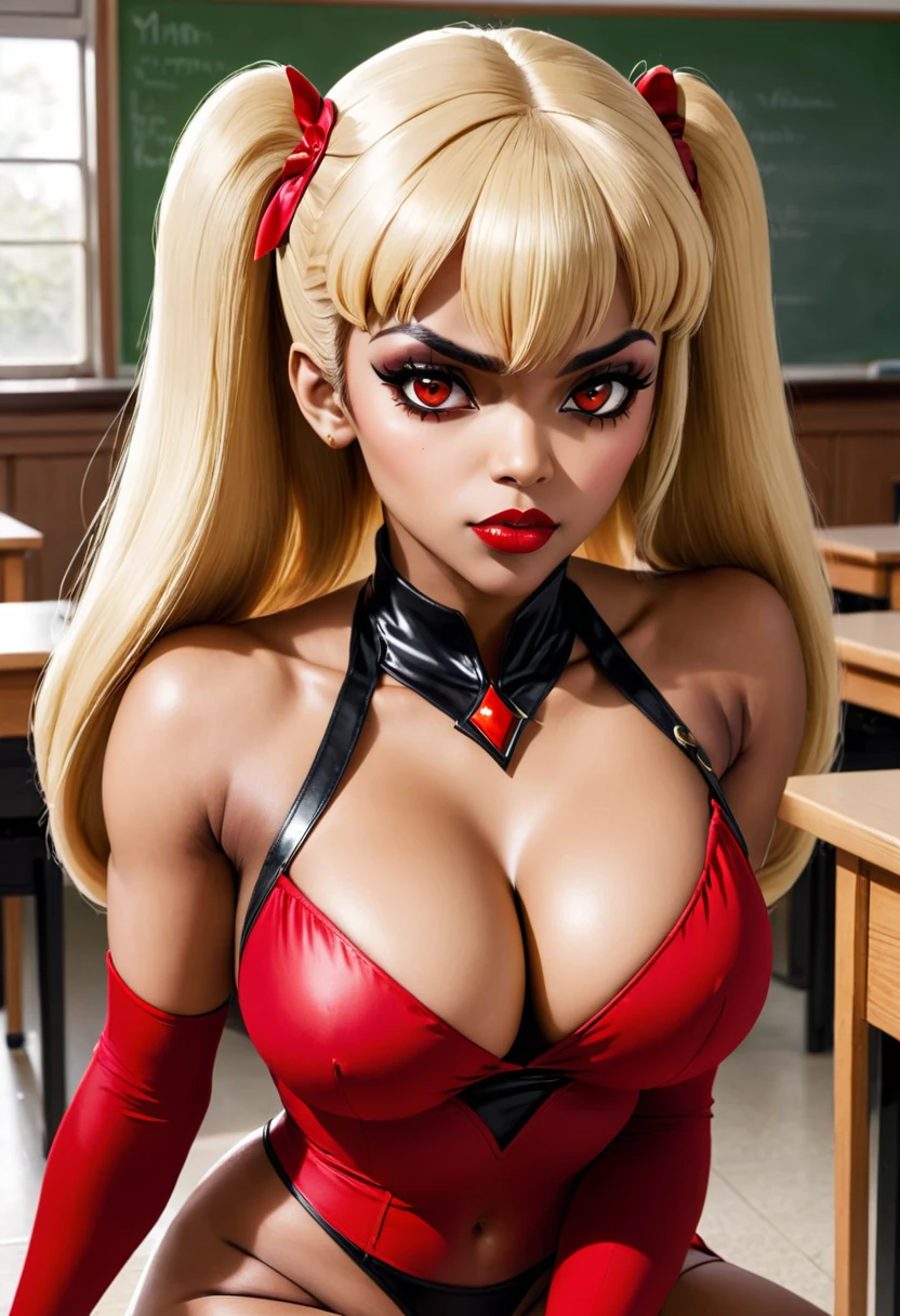 (masterpiece:1.2, best quality), 1lady vampirella solo, , classroom, day, sit, blonde, twintails, red eyes, open collabone, darkskin, (huge open breasts:1.1),