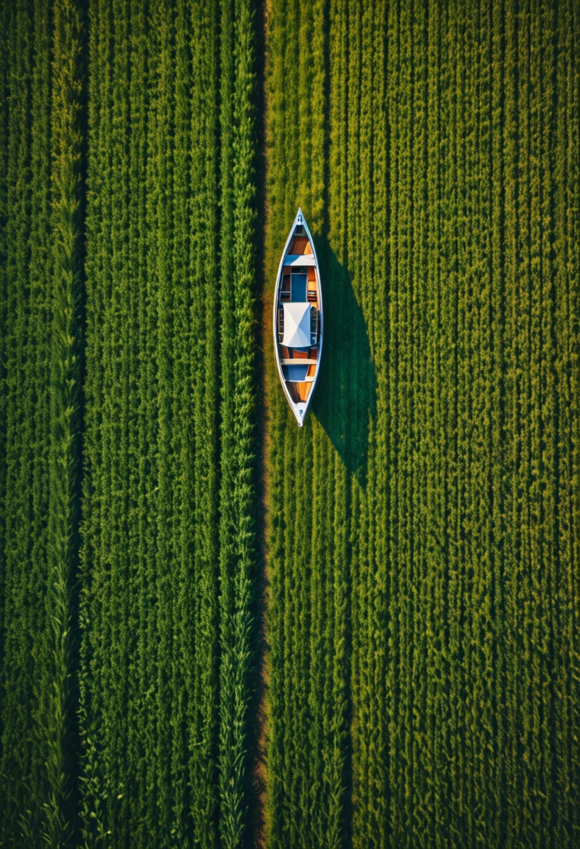 an aerial view of a boat in the middle of a field, a tilt shift photo by Simon de Vlieger, trending on unsplash, ecological art, intricate patterns, creative commons attribution, photo taken with ektachrome