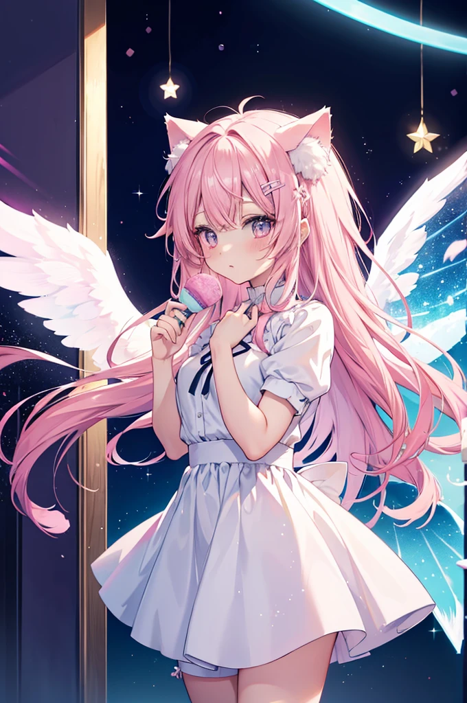 Noa senpai wa tomodachi style,pastel,glitter,Angel shota,glowing halo,cat ears,pink long hair,angel wings,