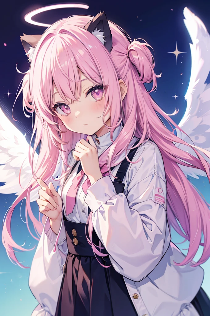 Noa senpai wa tomodachi style,pastel,glitter,Angel shota,glowing halo,cat ears,pink long hair,angel wings,