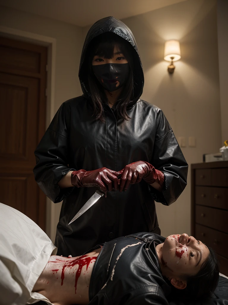 korean girl, (behind corpse, blood splatter), surgical mask, holding knife, stabbing, black raincoat, leather gloves, hood up, room full of blood, long bangs, holding knife, leather gloves, behind corpse, night, mass murderer, robbery, in the hotel,
