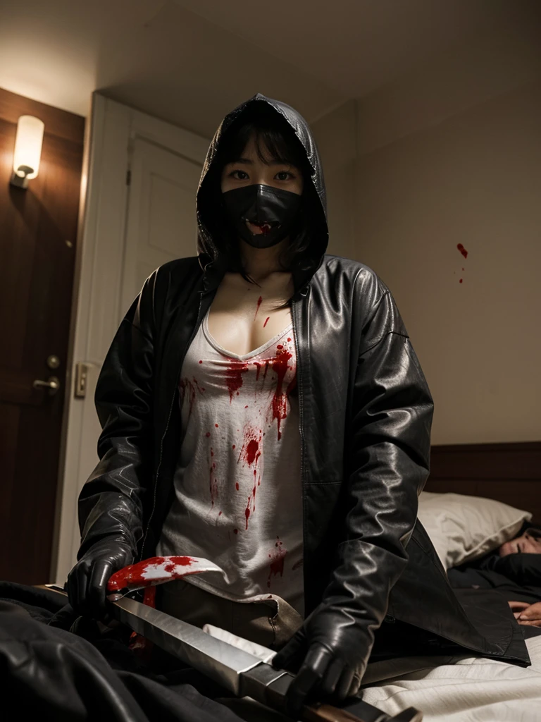 korean girl, (behind corpse, blood splatter), surgical mask, holding knife, stabbing, black raincoat, leather gloves, hood up, room full of blood, long bangs, holding knife, leather gloves, behind corpse, night, mass murderer, robbery, in the hotel,
