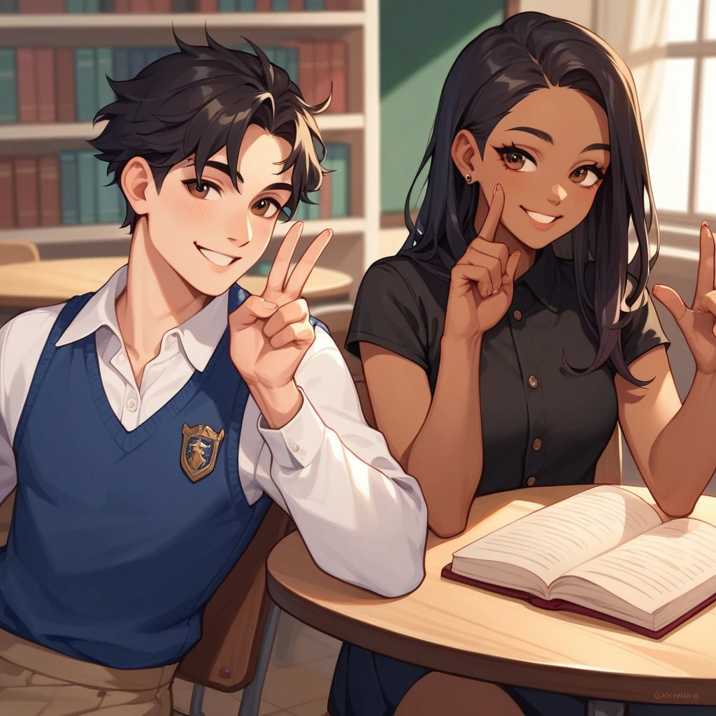 A confident smile, After school,Taking photos at a bookstore,Couple,Sounds like fun,短いBlack Hair, Brown eyes,Brown Skin,2 students、Use a gesture commonly associated with the peace sign when speaking (From the restaurant), slacks,skirt, Black Hair, indoor, Smiling while reading a book, uniform, ((((Complete faithful finger))))