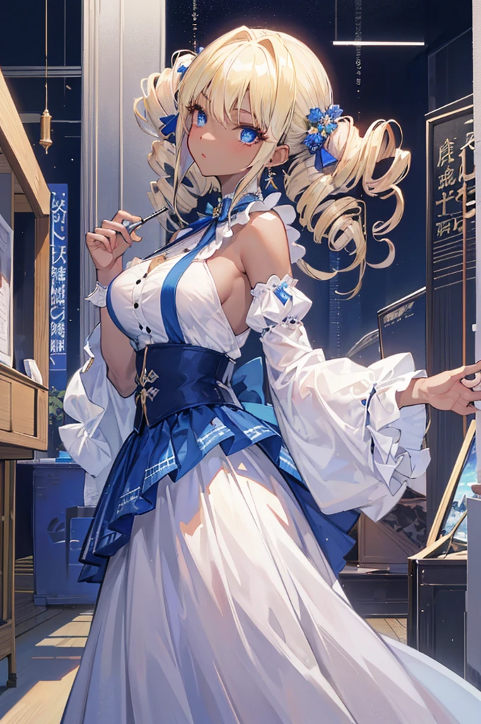 (masterpiece:1.2、Highest quality、Tmasterpiece)、1 female、alone、classroom、Day、stand、blonde、(Gorgeous drill hair:1.2)、blue eyes、(Day焼け跡:1.2)、(Dark Skin:1.2)、Big Breasts、Hoop Earrings、lipstick、I&#39;m sweating a lot、Ring Choker、blush、Covered breasts、Big nipples,(Sailor suit:1.4)