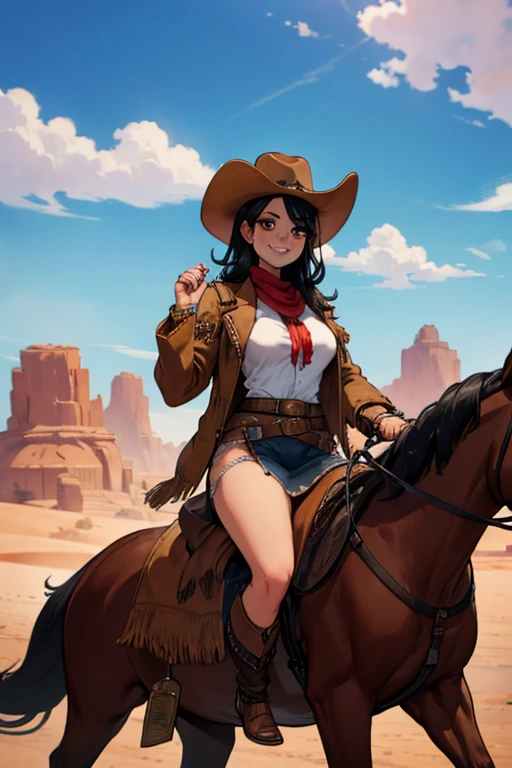 Perfect face, Perfect hands. A black haired female cowgirl with brown eyes and an hourglass figure in a conservative cowgirl's outfit is riding a horse in the desert with a big smile