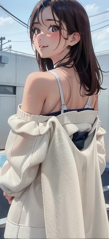 girl, Sweat, vapor, Center of chest, shy, Great hands, Looking at the audience, Cute Smile