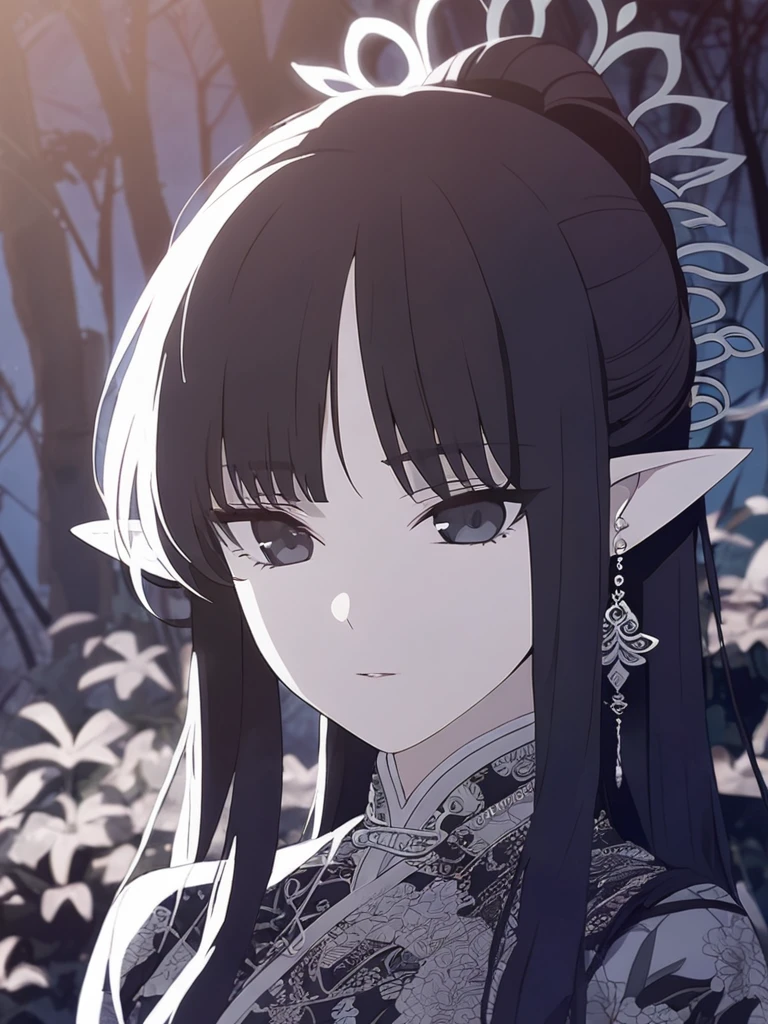 1woman, gloomy, elven, black hair, polite hairstyle, bangs, dark black eyes, night garden, elegant, traditional thai costume,