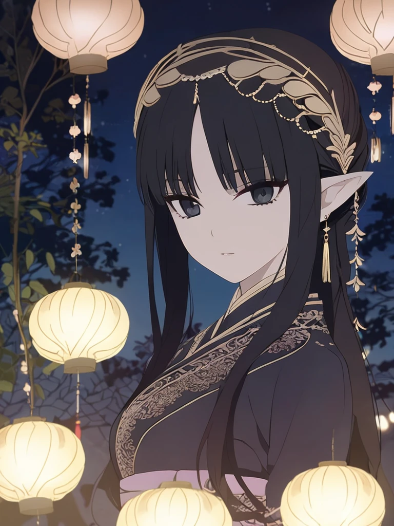 1woman, gloomy, elven, black hair, polite hairstyle, bangs, dark black eyes, night garden, elegant, traditional thai costume,