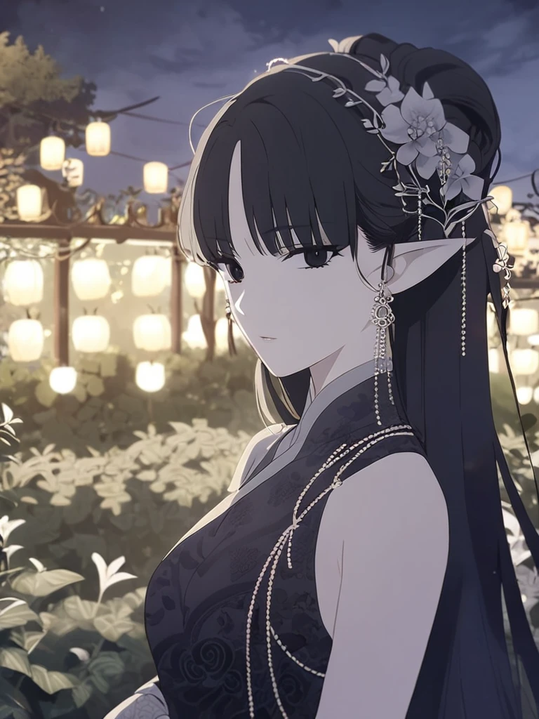 1woman, gloomy, elven, black hair, polite hairstyle, bangs, dark black eyes, night garden, elegant, traditional thai costume,