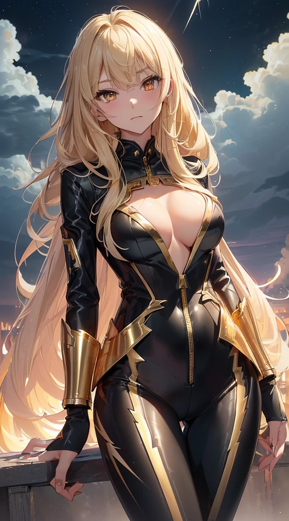 最high quality、Best image quality、masterpiece、With a girl((18-year-old、Best Bust、Large bast、Bust 85,Beautiful golden eyes、Spread your chest wide,Blonde long hair、Slender、Big Valley、Gold Bodysuit,Show the whole body、Open your arms、Gold ring on wrist、手に持った槍からlightningを放つ)）high quality、Beautiful art、background((Night Sky、Black Cloud、lightning、Intense thunder、Lightning strikes、Red thunder、青いlightning、Gold Thunder)))Tabletop、Visual Arts、Depth of written boundary、Night Sky