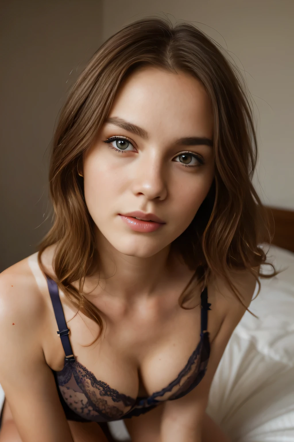photo of a 17 years old italian girl, RAW, beautiful woman, (long wavy redhead hair), (((supermodel face))), (yellow eyes), (( perfect anatomy)), (busty), ((detailed face:1.2)), ((detailed facial features)), (finely detailed skin), pale skin, (((sexy lingerie))), . (vivid colors), damp, moist, reflections, (masterpiece) (perfect proportion)(realistic photo)(best quality) (detailed) photographed on a Canon EOS R5, 50mm lens, F/2.8, HDR, (8k) (wallpaper) (cinematic lighting) (dramatic lighting) (sharp focus) (intricate) fashion, realistic skin texture, POV, Nikon d850, film stock photograph,4 Kodak Portra 400, camera f1.6 lens, rich colors, ultra-realistic, hyper-realistic, ultra-detailed, hyper-detailed, ((perfect face, perfect body), RAW photography, realistic skin texture, bedroom, ((POV kneeling))