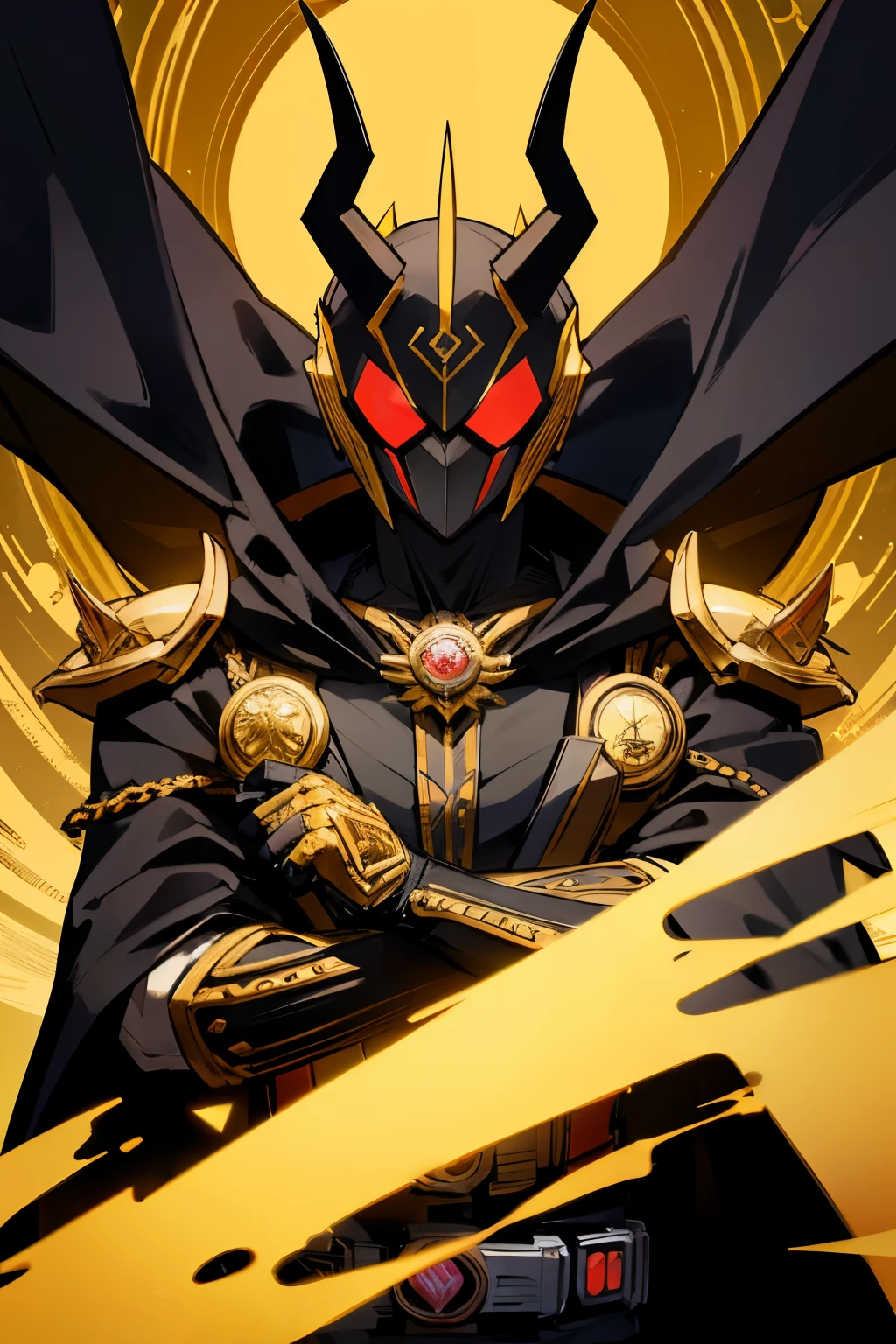 Kamen Rider, a giant demon, gold and black, with a cloak and horns growing on the front.