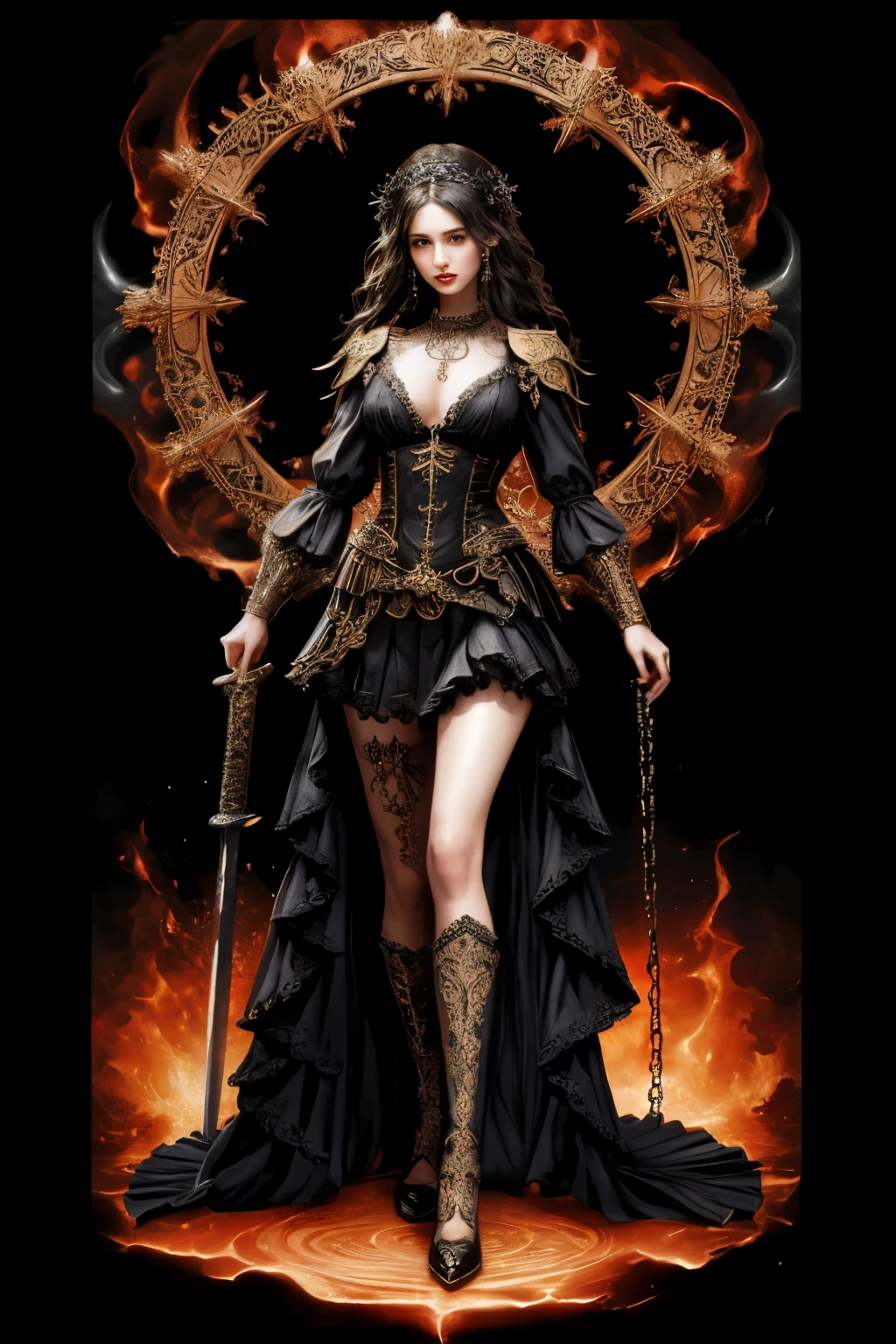  ((Finest quality)),(超A high resolution),(ultra-detailliert),(Meticulous portrayal),((Best Anime)),(Finest works of art),(Ultra-Precision Art),(The art of astounding depiction,Overwhelming depiction:1.5),(intricate and detailed art:1.6), (adult woman:1.5),(Hanging:1.6),Staring at this:1.4,sneering:1.5,(Armor shaped like a skeleton:1.3), (Black Flame:1.5), terrifying, nightmarish, cosmic horror, a heavenly female knight, biblical, very skinny, detailed, best quality, prominent collarbones, skinny arms, flat stomach, visible hip bones, full body, red and white clothing, occult aesthetic, occult, detailed and intricate steampunk and detailed gothic, Fluttering lace flared long knee length dress with frilly petticoats, knee length dress, pleated petticoats, petticoats gothic, complex lace boots, gothic aesthetic, wielding a mighty sword with mechanical components, mandalas, full body, whole body, body, chains, 