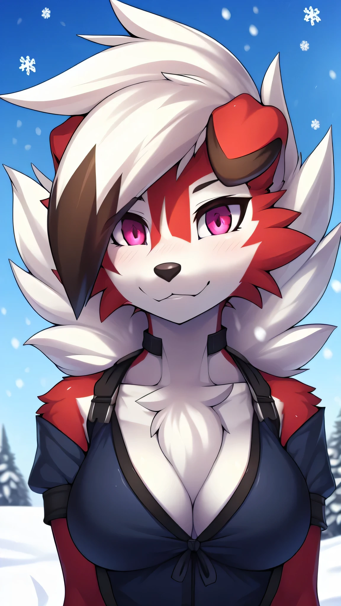 By zinfyu,by twistedscarlet60, uploaded on pixiv, by fluff-kevlar, (masterpiece), (best quality), (solo female:1.2), (extremely detailed:1.3),(detailed eye,black circle on eye,pink eye), lycanroc midnight, view on viewer, close view, half body on potrait, (tail:1.1), closeup photo of lycanroc, adult body posture, Outside, at field, winter season, snow, wearing eskimo Tribe clotches,