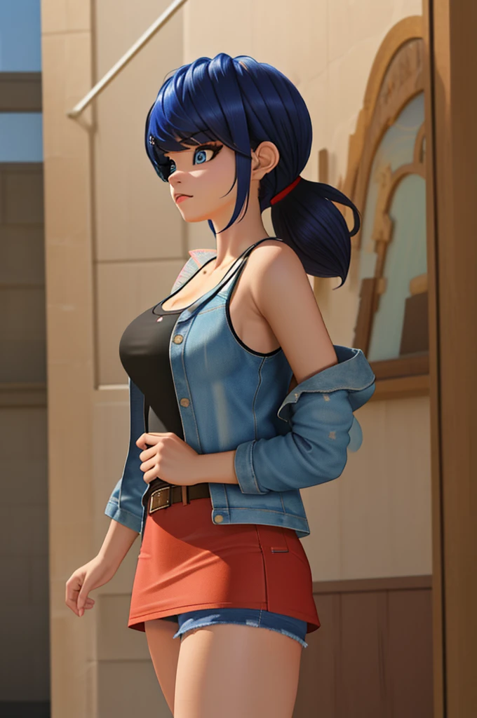 (8k, RAW photo, best quality, masterpiece:1.2), (intricate details), perfect eyes, perfect face, perfect lighting, beautiful, (masterpiece:1.2), (best quality:1.2), 1girl, solo, marinette, blue hair, (( hair in ponytail, bangs over one eye )), adult torso, 19 years old, angry, huge sized breasts, (tank top, denim jacket, red skirt), cowboy shot, 3DMM, standing, front view, 