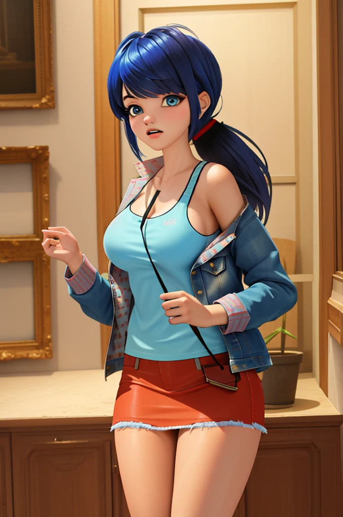 (8k, RAW photo, best quality, masterpiece:1.2), (intricate details), perfect eyes, perfect face, perfect lighting, beautiful, (masterpiece:1.2), (best quality:1.2), 1girl, solo, marinette, blue hair, (( hair in ponytail, bangs over one eye )), adult torso, 19 years old, angry, huge sized breasts, (tank top, denim jacket, red skirt), cowboy shot, 3DMM, standing, front view, 